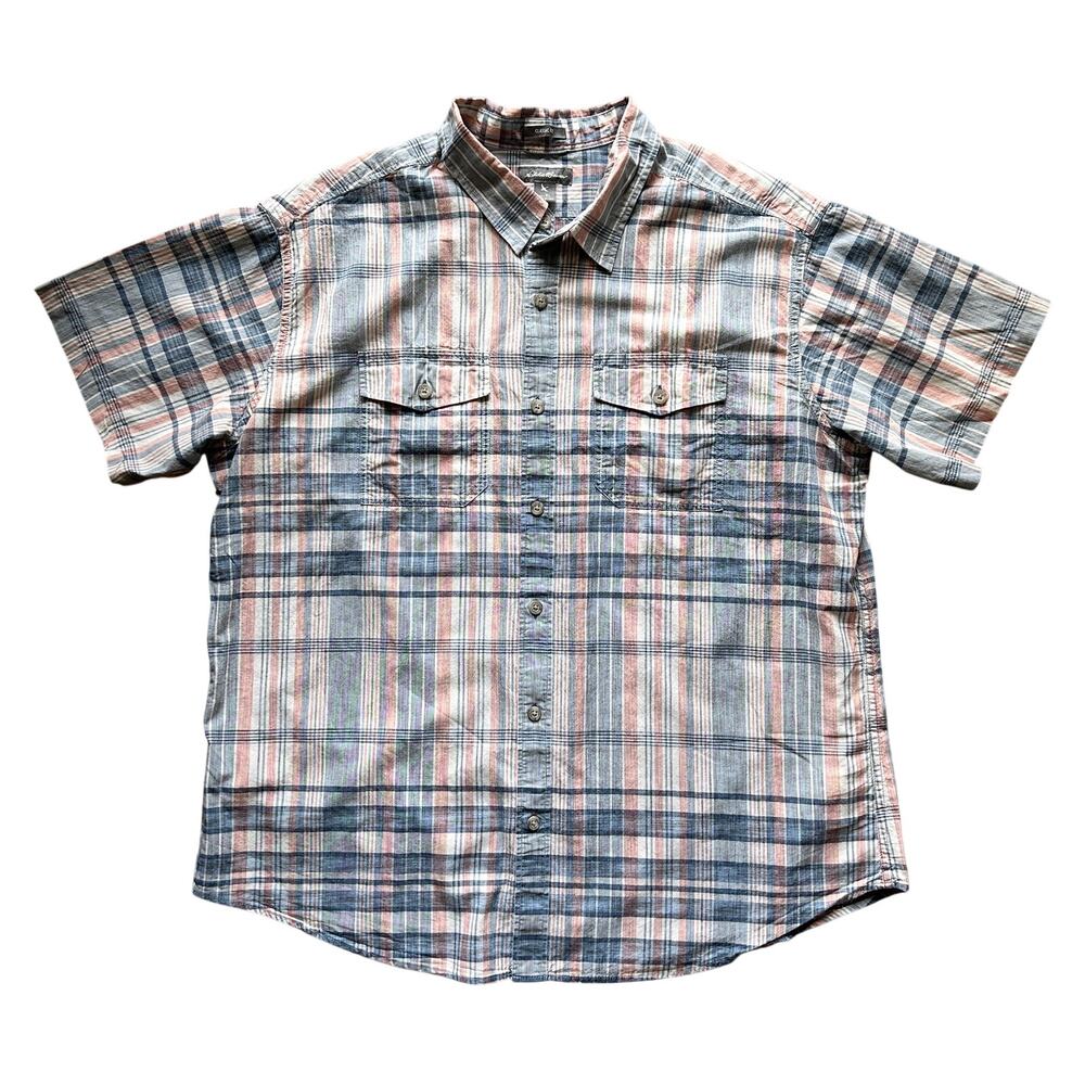 Eddie Bauer Blue Orange Off White Plaid Short Sleeve Cotton Button Down Shirt XL